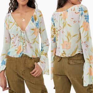 Free People Of Paradise Floral Bell Sleeve Sheer Blouse
